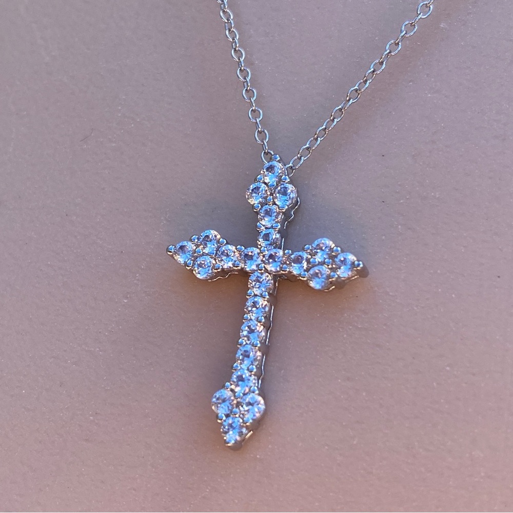 14k white gold  over 925 white lab sapphires Cross necklace - Picture 4 of 16